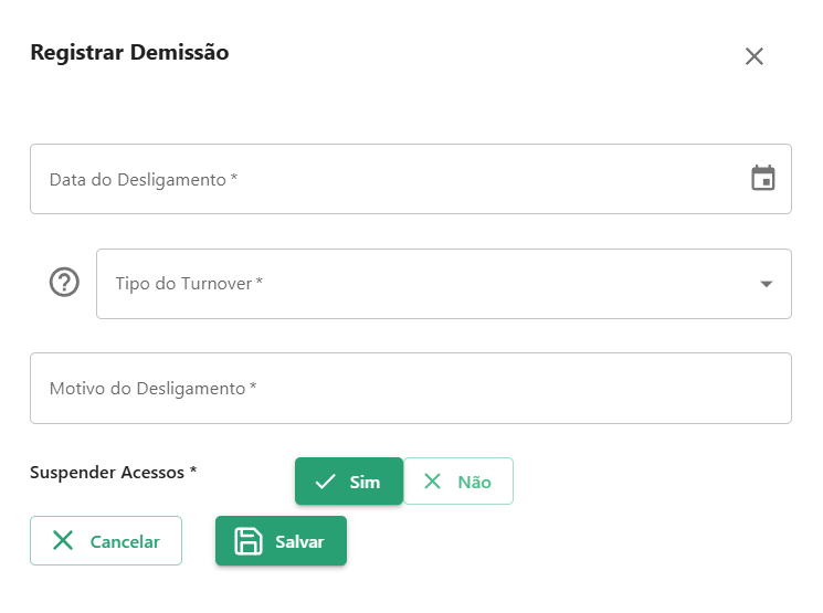 Janela de informações para Demissão do colaborador