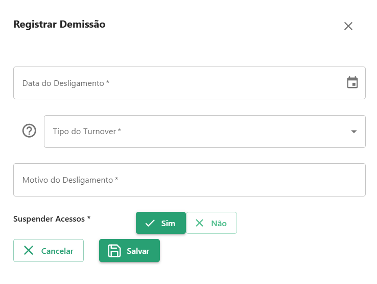 Menu de informações de demissão
