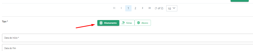 afastamento em lote, destaque para opção Afastamento