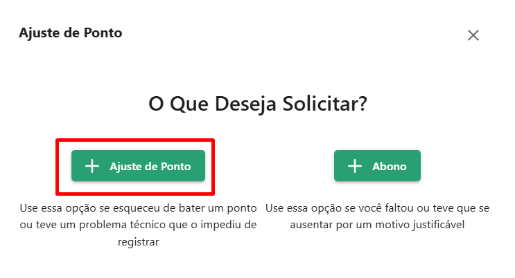 Janela para Ajuste de Ponto, com destaque para a opção "Ajuste de Ponto"