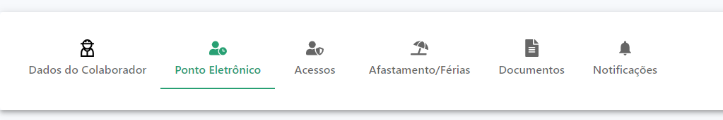 Ponto Eletrônico Menus principais do cadastro do colaborador, com destaque para a aba Ponto Eletrônico.