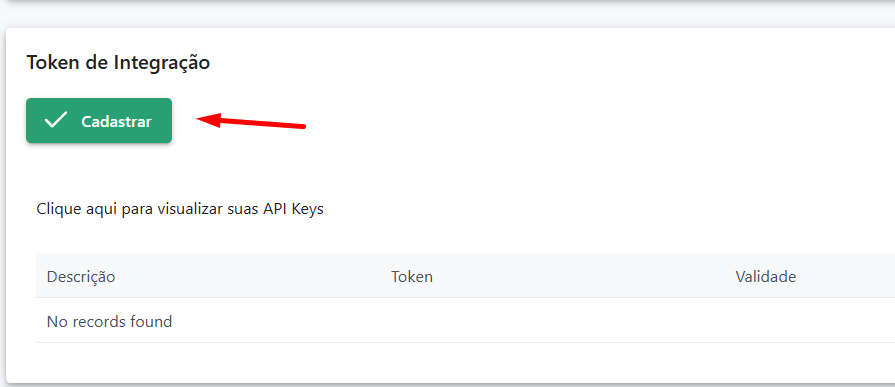 Tela do menu Token em destaque o botão Cadastrar