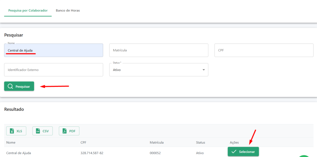 Menu para pesquisa, e aba de REsultados com destaque para botão Pesquisar e Selecionar