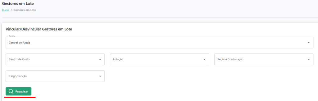 Menu de pesquisa e filtros de Gestor em Lote, com destaque para o botão pesquisar.