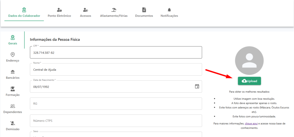Menu de Dados do Colaborador com destaque para opção de Upload de Foto