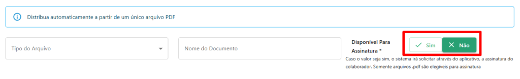 Menu de envio de documento, com destaque para seleção de SIM ou NÃO