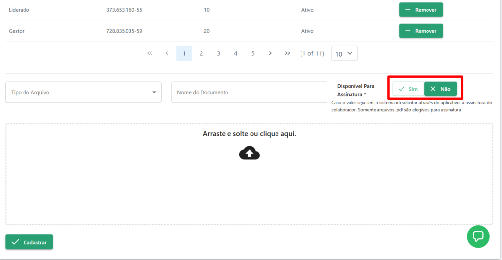 Menu de envio de documento, com destaque para seleção de SIM ou NÃO