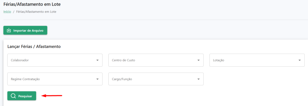 Janela de filtros para pesquisa, com destaque no botão Pesquisar