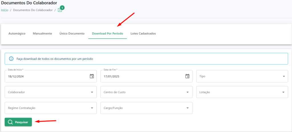Menu Documentos do Colaborador, com destaque para Download por Período e Pesquisar