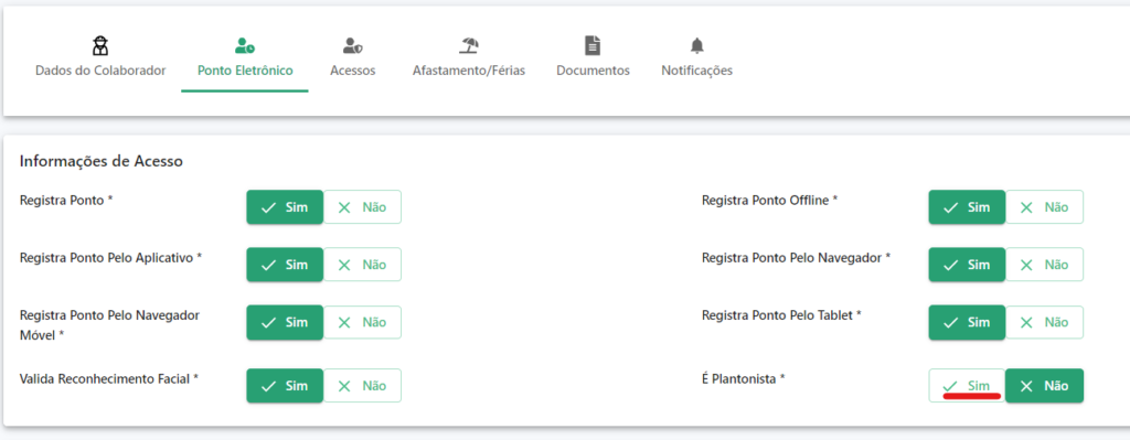 Configuração do Plantonista Cadastro do colaborador na aba Ponto Eletrônico, destacando a funcionalidade Plantonista