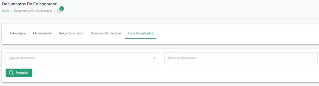 Lotes Cadastrados Menu Documentos do Colaborador com destaque para a aba Lotes Cadastrados