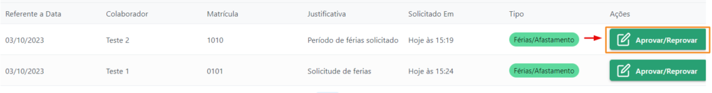 Tabela de solicitudes Tabela com as solicitações de férias/afastamentos e os botões de aprovar/reprovar