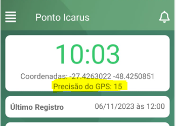 Menu onde está localizada a opção >Bater ponto> informando o horário, coordenadas e a precisão do GPS