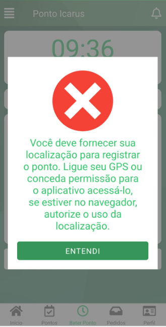 Menu onde está localizada a opção >Bater ponto> Com destaque para a frase: Você deve fornecer sua localização para registrar o ponto. Ligue o GPS ou conceda permissão para o aplicativo acessa-lo, se estiver no navegador, autorize o uso da localização. Com ícone verde >Entendi