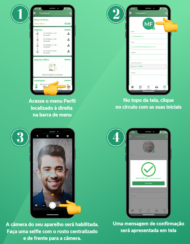 Primeira imagem: tela inicial do app. Indicando o botão de Perfil.
Segunda imagem: Menu Perfil, indicando local da foto.
Terceira imagem: Câmera do aparelho fazendo a selfie.
Quarta imagem: Mensagem do app indicando sucesso ao cadastrar a foto.