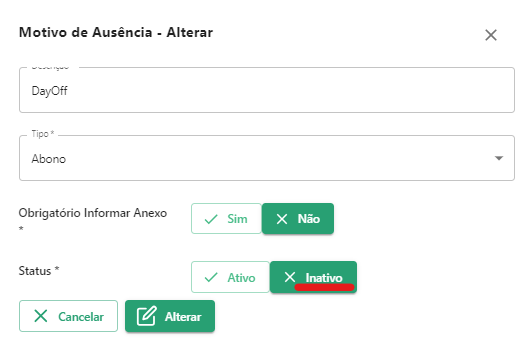 Tela de cadastro de motivos de ausência Tela de cadastro de motivos de ausência