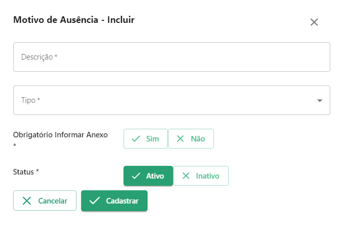 Tela de cadastro de motivos de ausência Tela de cadastro de motivos de ausência
