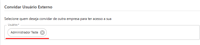 Print da tela Convidar Usuário Externo Tela minha empresa, em destaque a janela de Convidar Usuário Externo, sublinhado o Usuário cadastrado
