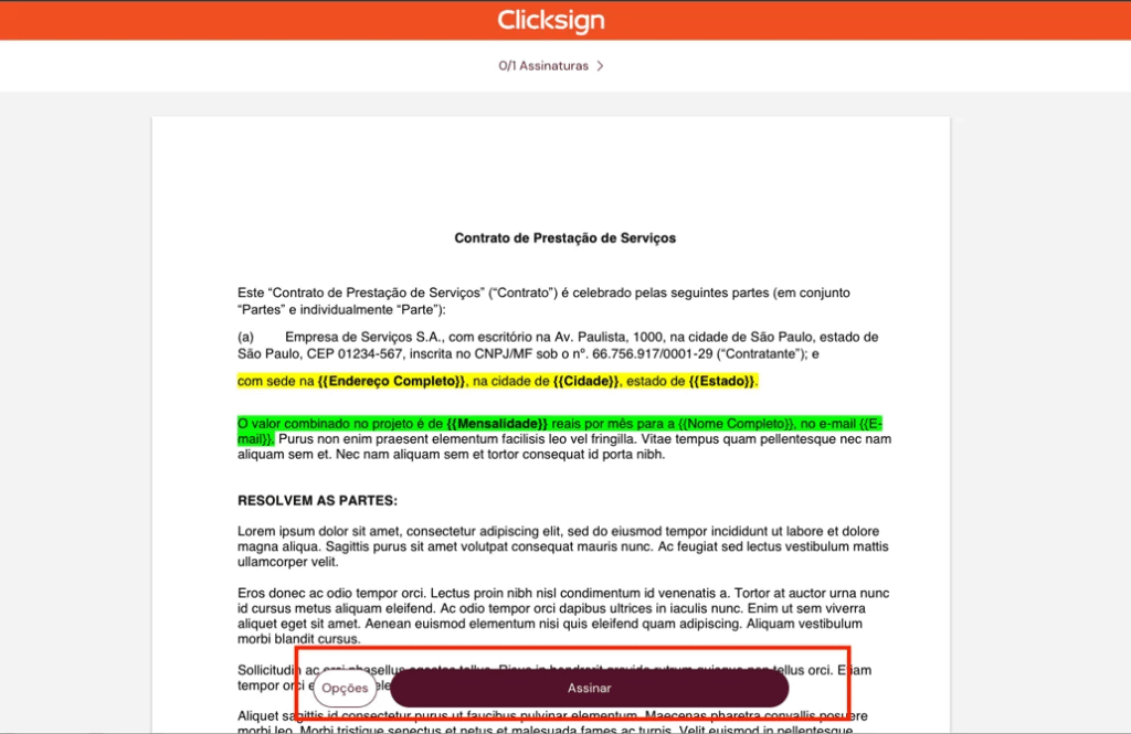 Botão Assinatura Documento de exemplo, e destaque para o botão de assinatura.