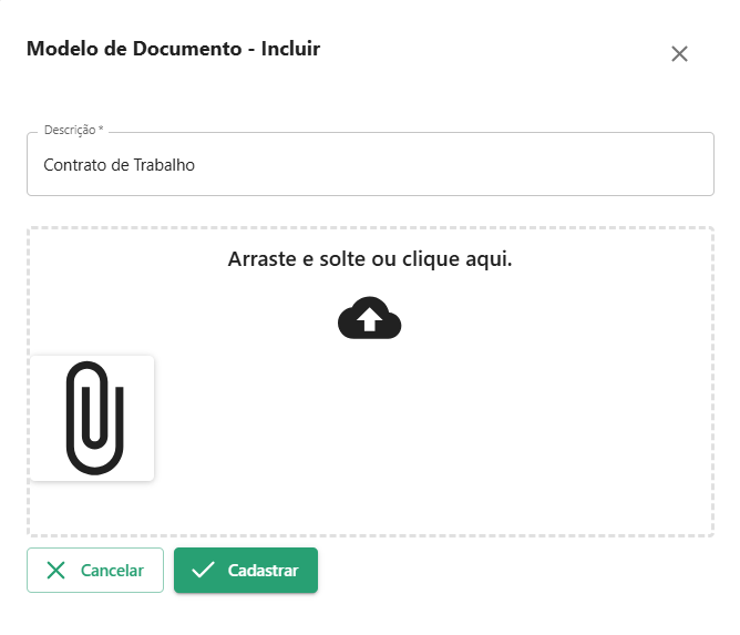 Upload de Modelo Janela de cadastro do modelo de documento