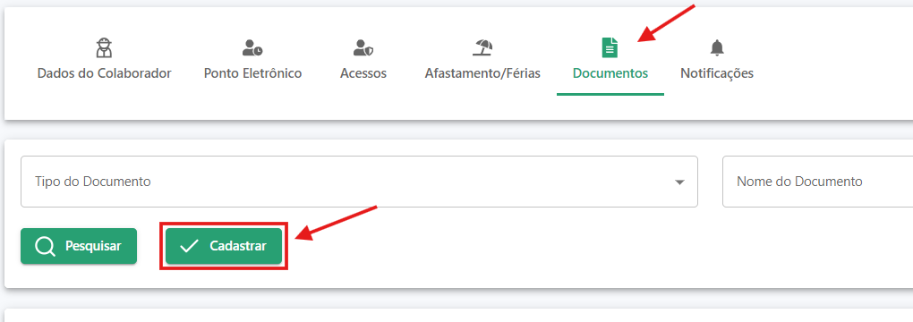 Aba Documentos Menu de cadastro do colaborador, mostrando a aba Documentos, com destaque para o botão "Cadastrar"